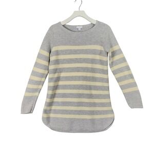 J Jill Womens Small Tall Sweater Gray Yellow Striped Knit Long Sleeve Cozy Comfy